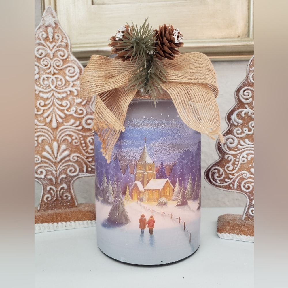 Christmas Scene Jar Reverse Painted, Lighted, Used